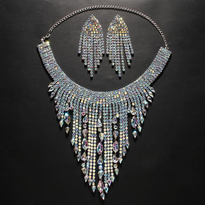 Rhinestone Necklace Set Female, European and American Sexy Exaggerated Necklace Tassel Earrings Jewelry Set