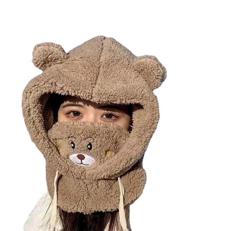 Bear hat and scarf combo for women, thickened and warm for winter, Korean style, versatile, winter cycling mask, ear protection, aviator hat