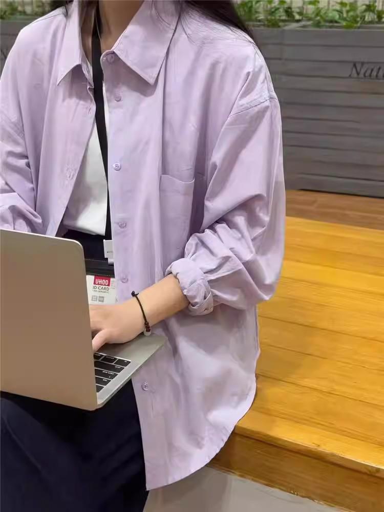 Plus Size Casual Long-Sleeve Plain Shirt for Spring and Autumn