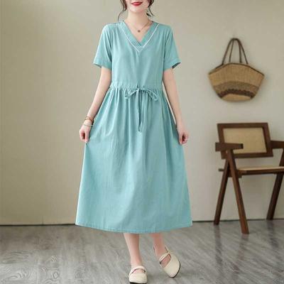 V-neck Mid-length Dress Summer New Retro Literary Large Swing A-line Skirt