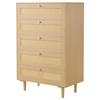 5-Schubladen Rattan Kommode, Moderne Schrankkommode für Schlafzimmer, Natürliche Rattan Kommode mit Metallgriffen & Holzbeinen, Kleideraufbewahrungskommode