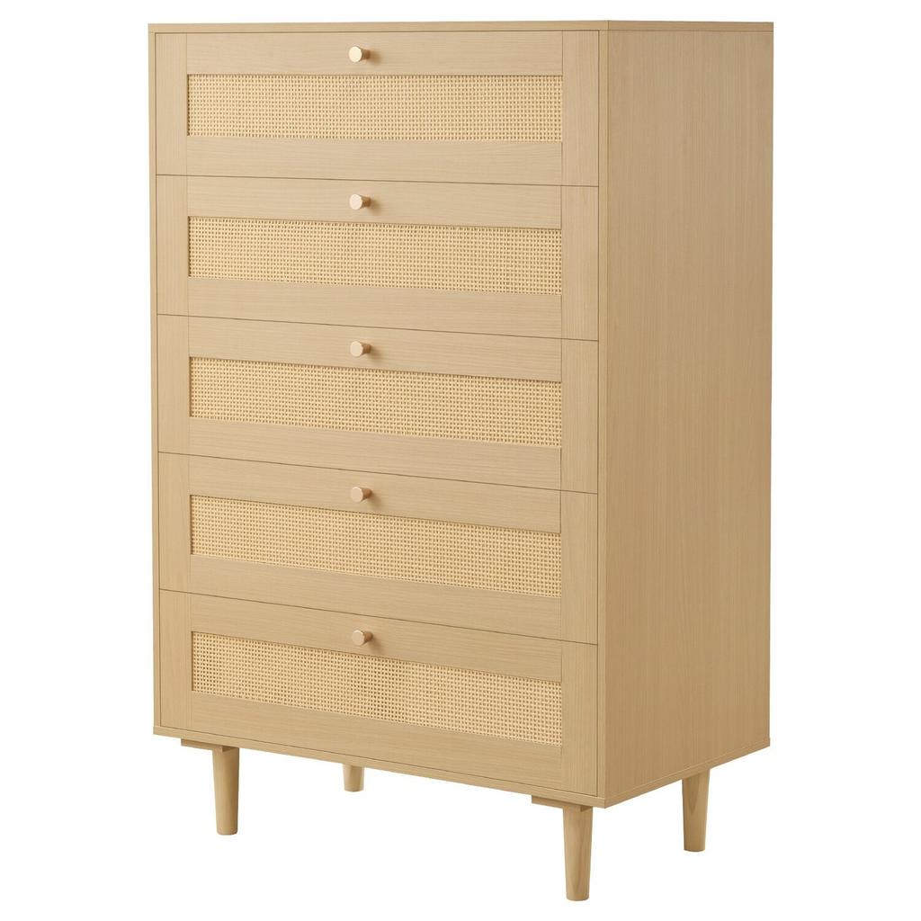 5-Schubladen Rattan Kommode, Moderne Schrankkommode für Schlafzimmer, Natürliche Rattan Kommode mit Metallgriffen & Holzbeinen, Kleideraufbewahrungskommode