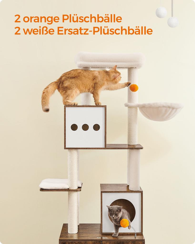 Feandrea Cat Scratching Post with Litter Box 185 cm High Cat Scratching Post Scratching Post Platform Washable Cushion Vintage Brown