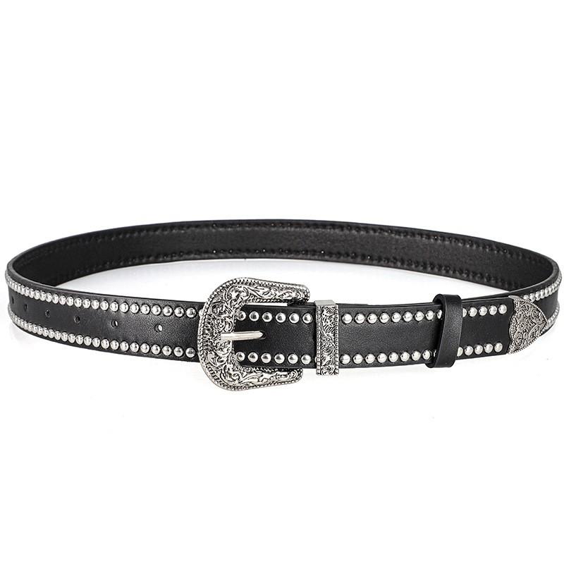 American fashion punk style belt for men and women, trendy carved silver buckle, rivet decoration, versatile belt for women