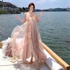 French Gentle Holiday Style Pink Sleeveless Neck Dress Women's Summer Premium Feeling Lotus Leaf Edge Waist A-word Long Dress