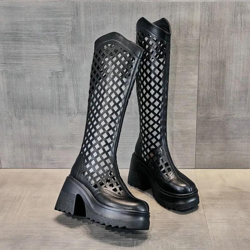 Botas de Verano 2026 para Mujer, Transpirables, Caladas, de Malla, Cuero Genuino, Botas de Caballero Altas, Tacones Altos hasta la Rodilla, Muestran Piernas Delgadas, Botas Frescas