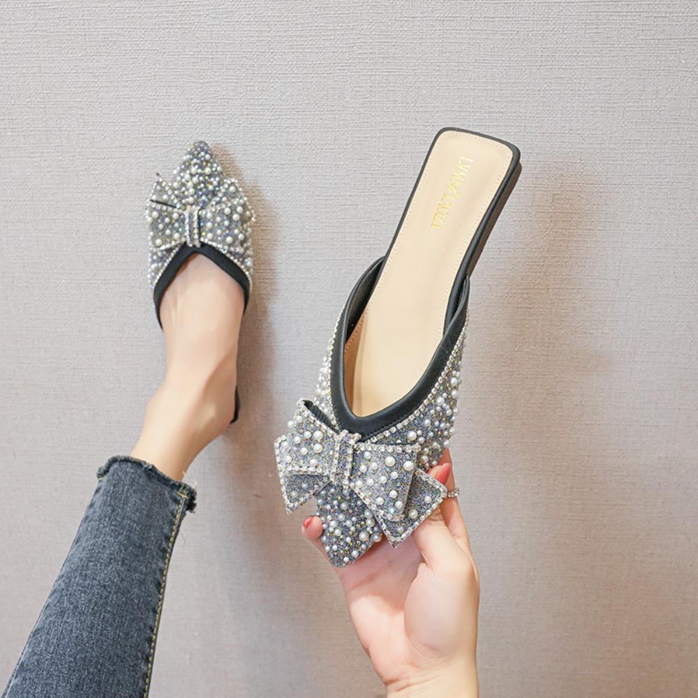 Fashion Baotou Slippers for Women 2025 New Style Flat Bottom Empty Single Shoes Summer Water Diamond Lazy Baotou Large Slippers 41-43