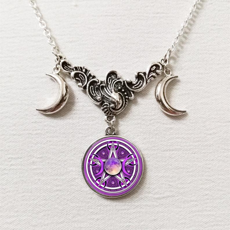 Retro Fashion Sliver Color Triple Moon Goddess Crescent Moon Crystal Glass Pendant Necklace for Women Amulet Charm Jewelry Gifts