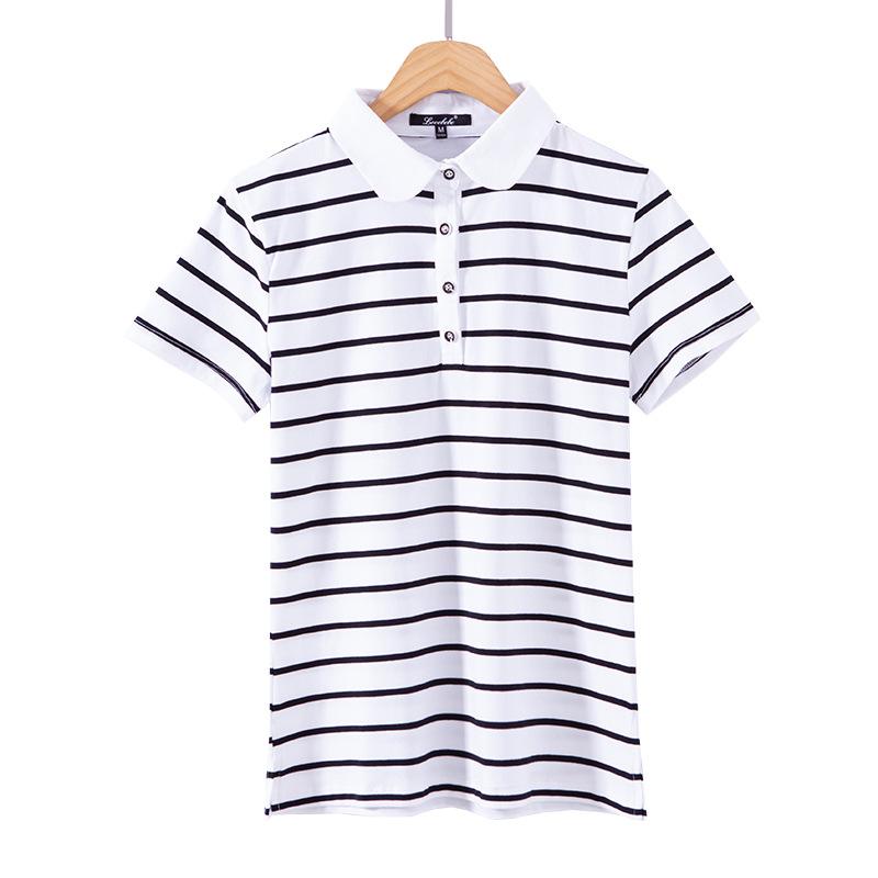 Women's Fashion Short-sleeved T-shirt Women's Striped Polo Shirt Summer New Korean Style Slim Slimming Ladies Split Small Shirt