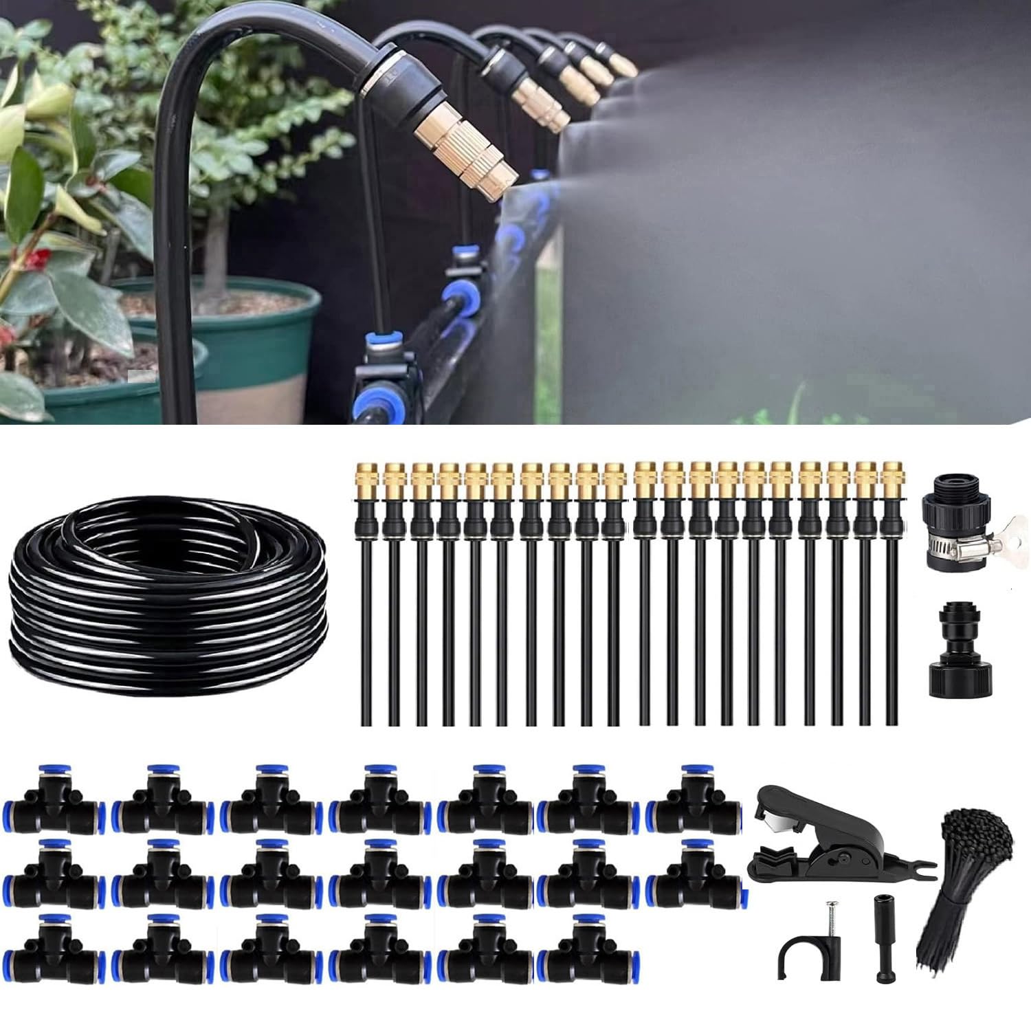 

Menetop 20M Spray Nozzle Mist Shower Outdoor Mist Nozzle 360° Bendable Drip Irrigation Kit Automatic Irrigation System for Garden, Adjustable Garden S