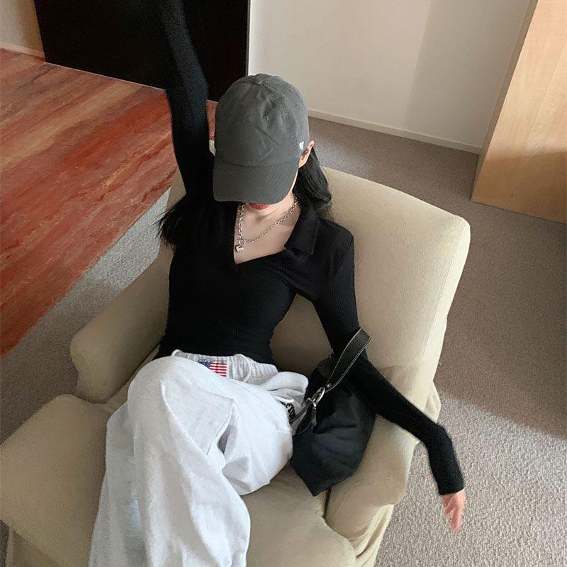 Spicy Girl Slimming Long Sleeve Polo Shirt – Pure Desire Style Fashionable Spring/Summer Top for Women