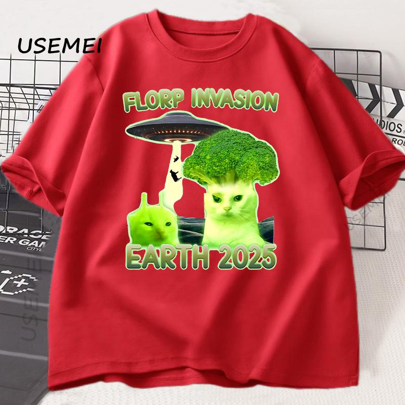 

Funny Alien Brainrot Cat T-Shirt Broccoli Cat Printed Tshirt Cotton Short Sleeve Round Neck T Shirt Men s Clothes Streetwear M