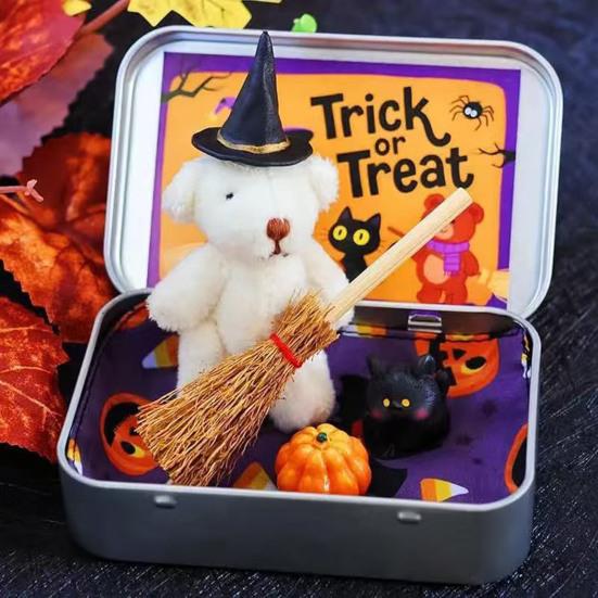 Halloween Bear In A Box Handmade Cute Witch Bear In A Tin for Trick or Treat Miniature Plush Bear with Broom Pumpkin Cat Halloween Party Gift