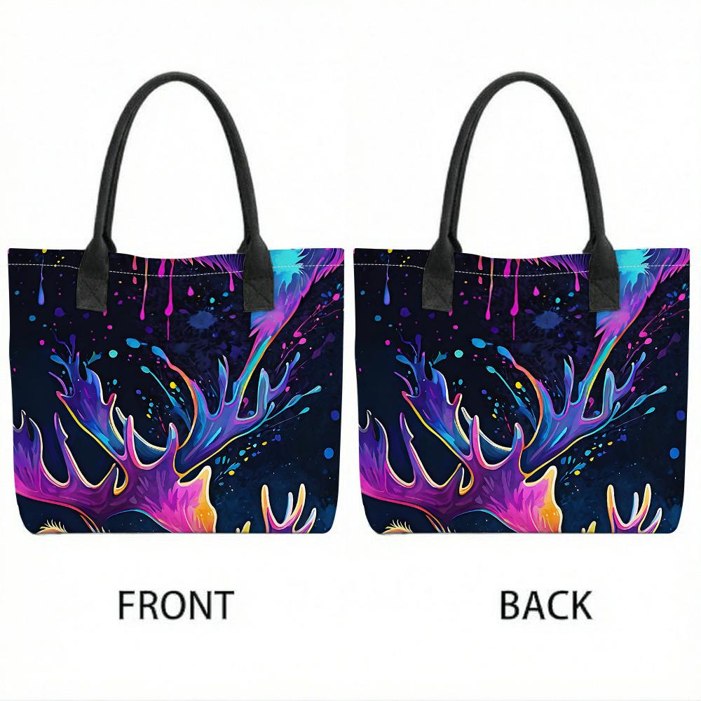  Colorful Neon Deer Art Tote Bag Fashion Large Capacity Casual Shoulder Handbag for Daily Use