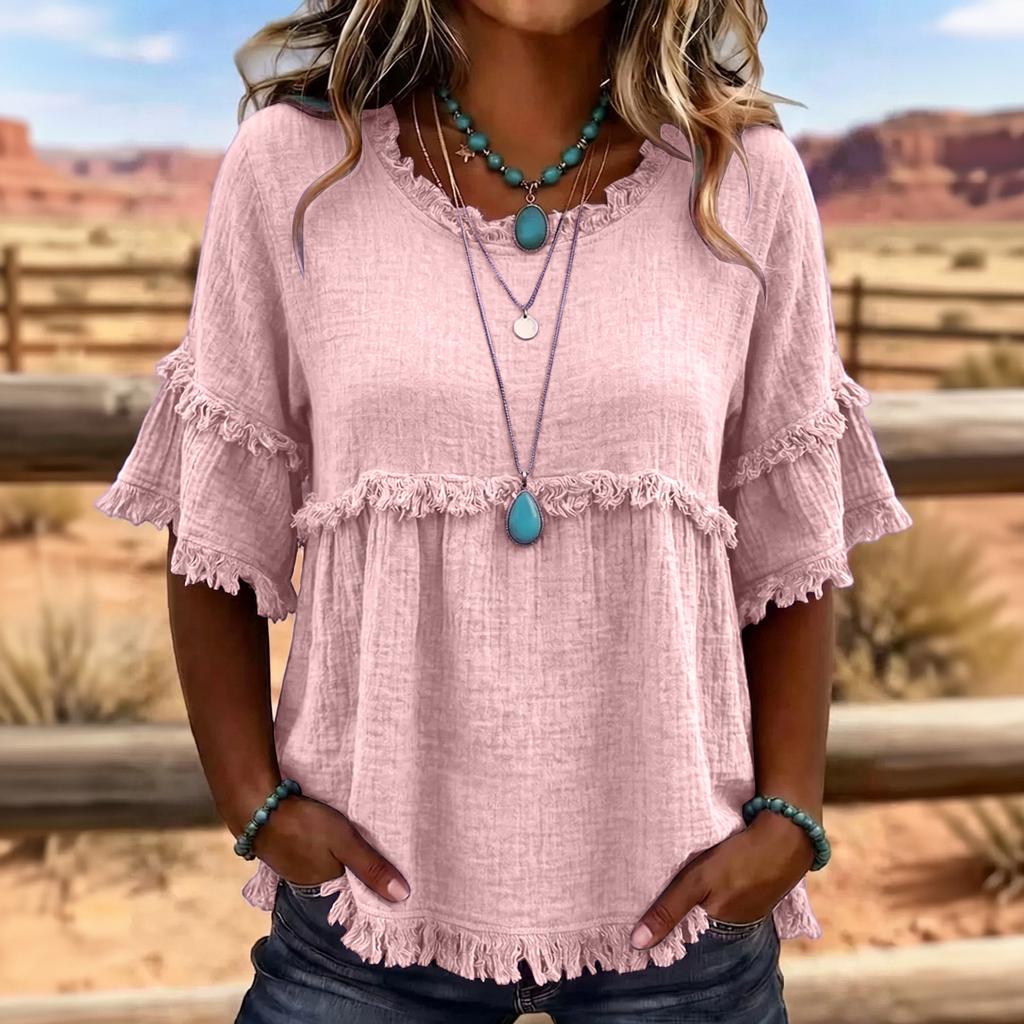 Women’s Vintage Crew Neck Short Sleeve Blouse Relaxed Fit Casual Top Linen Pullover Shirt