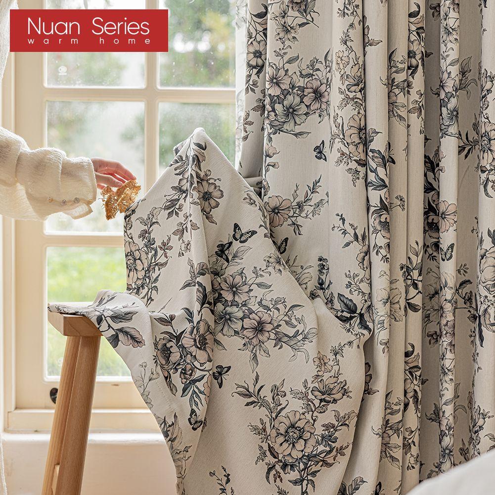 1PC Nuan Series French Retro Blackout Curtains with Butterfly Floral Print Thick Curtains for Bedroom Living Room Window for Home Decor