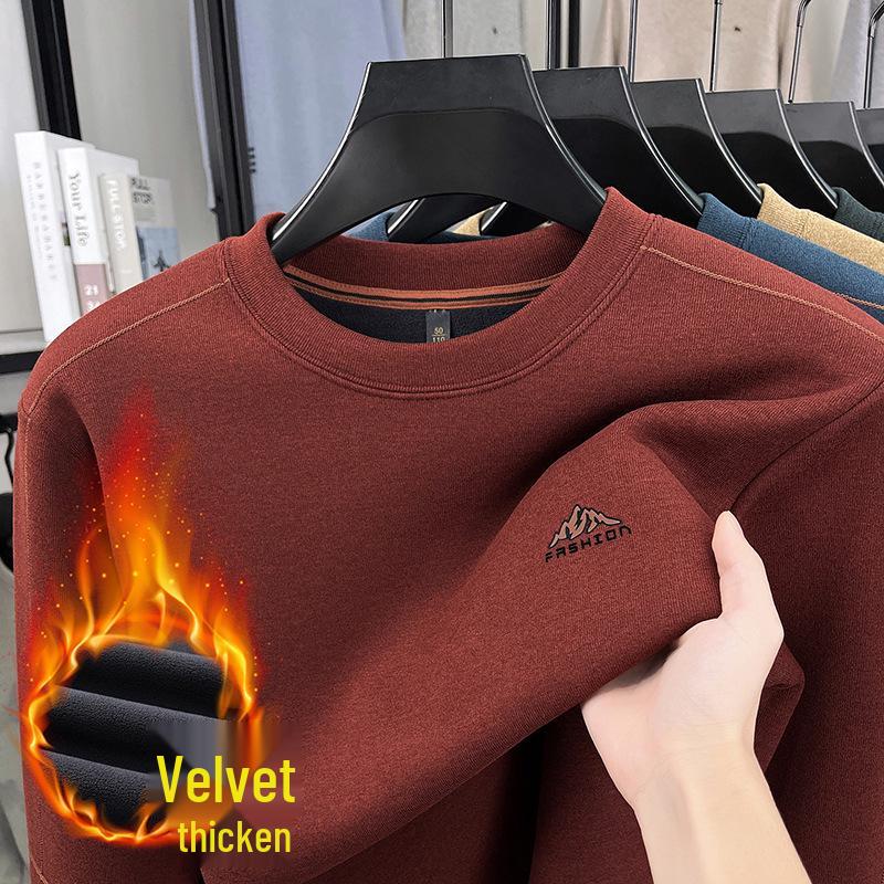Mid-Aged Men's Winter Plus Velvet Hoodie - Casual, Loose Fit, Round Neck Base Layer Top.