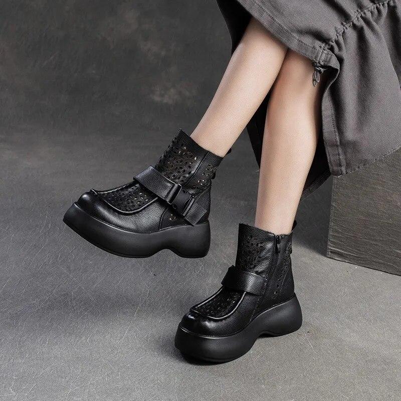 Johnature Breathable Hollow-out Boots Genuine Leather Lightweight Platform Sandals Thick Sole Women's Shoes