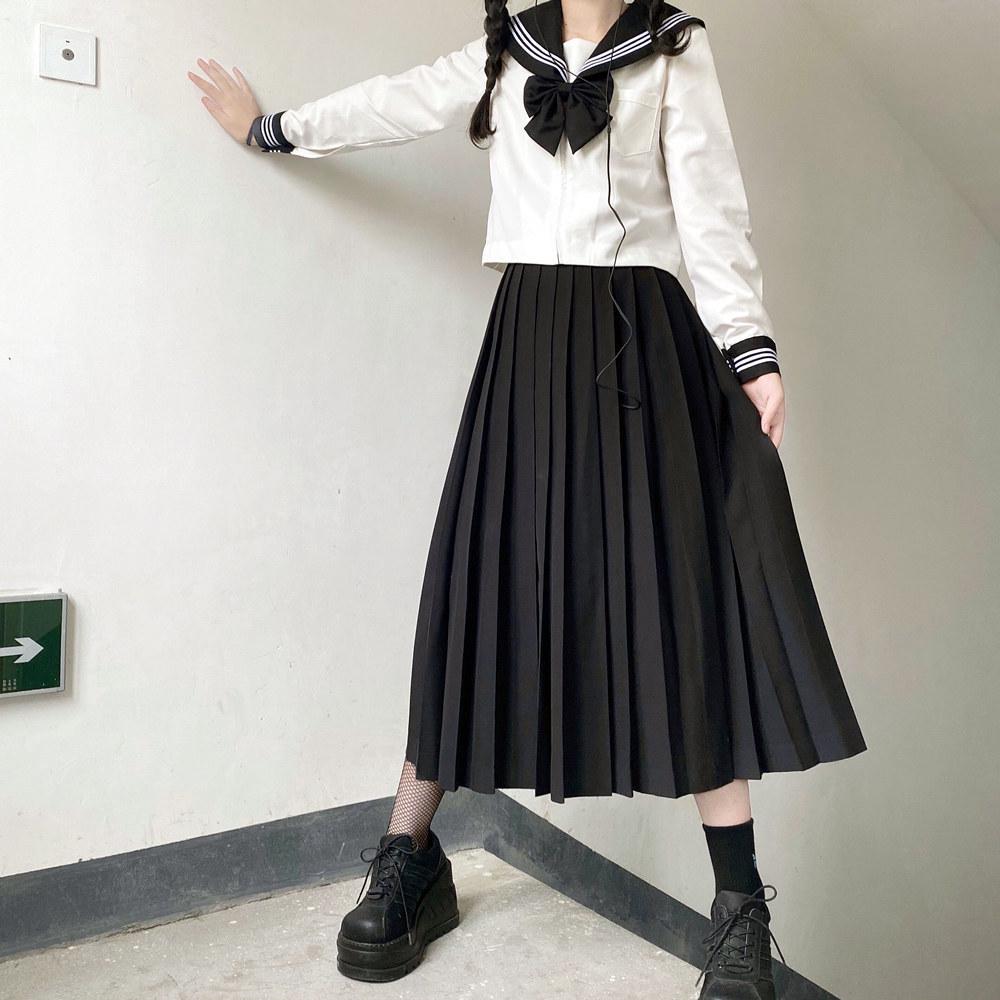 JK Sailor Suit: Black-Collared Off-White Pleated Skirt Set - Three-Piece Basic Style for Spring/Summer