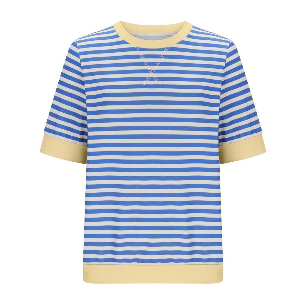 Tricou de vară pentru femei cu mânecă scurtă și gât rotund, cu imprimeu cu dungi