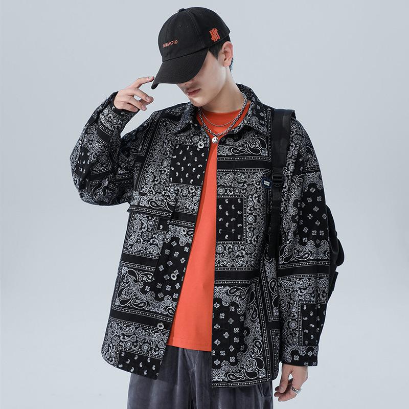 Men's Fashion Trend Street Printed Loose Denim Jacket Men's Trend Large Cashew Flower Casual Jacket