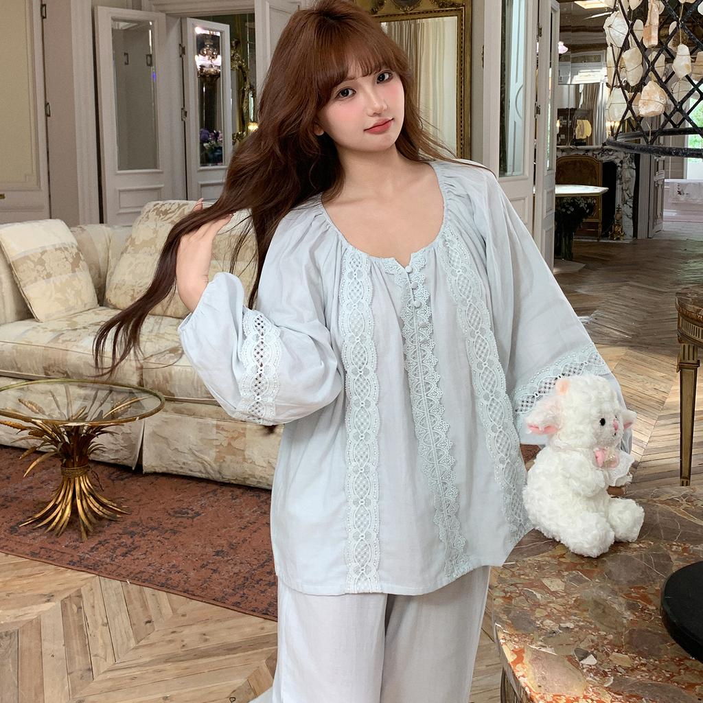 Spring and Autumn New French Cotton Pajamas Women's Lace Simple Premium Double Yarn Long Sleeve Cardigan Homewear
