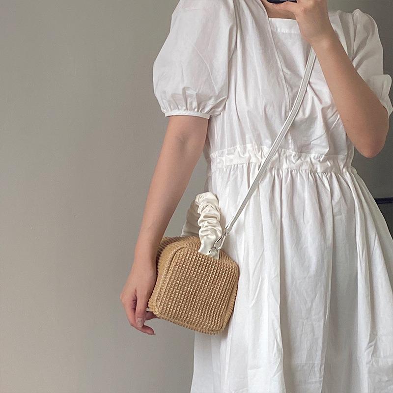 Summer Straw Bag Girl Retro Pleated Color Bump Hand Square Bag Everything Diagonal Bag
