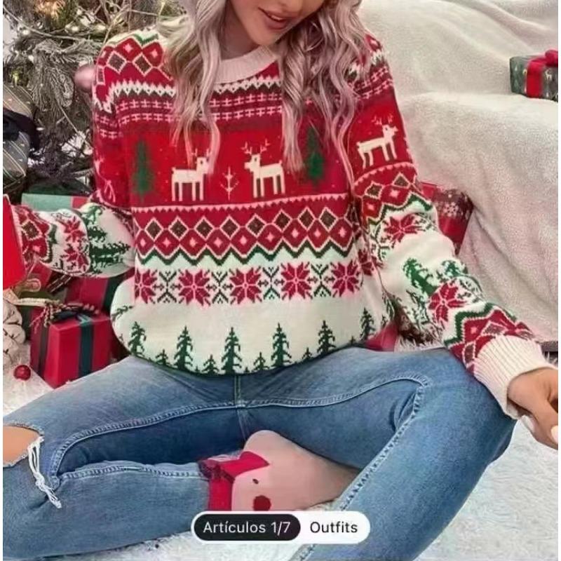 Red Autumn and Winter Knitted New Women's Clothing Deer Jacquard Knitted Sweater Crew Neck Pullover Color Matching Top