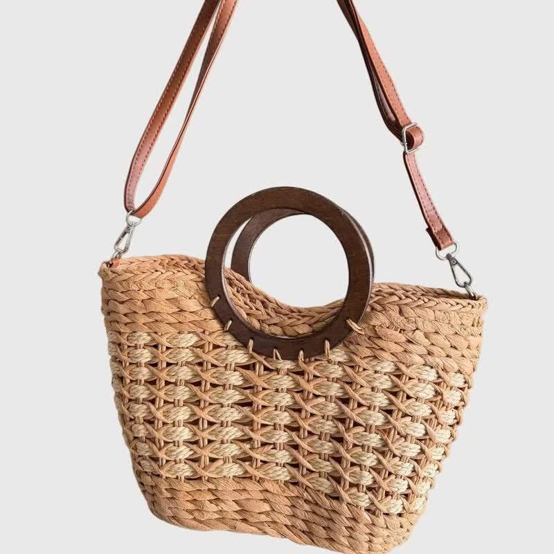 Kairui Retro Straw Tote Bag with Wooden Handles