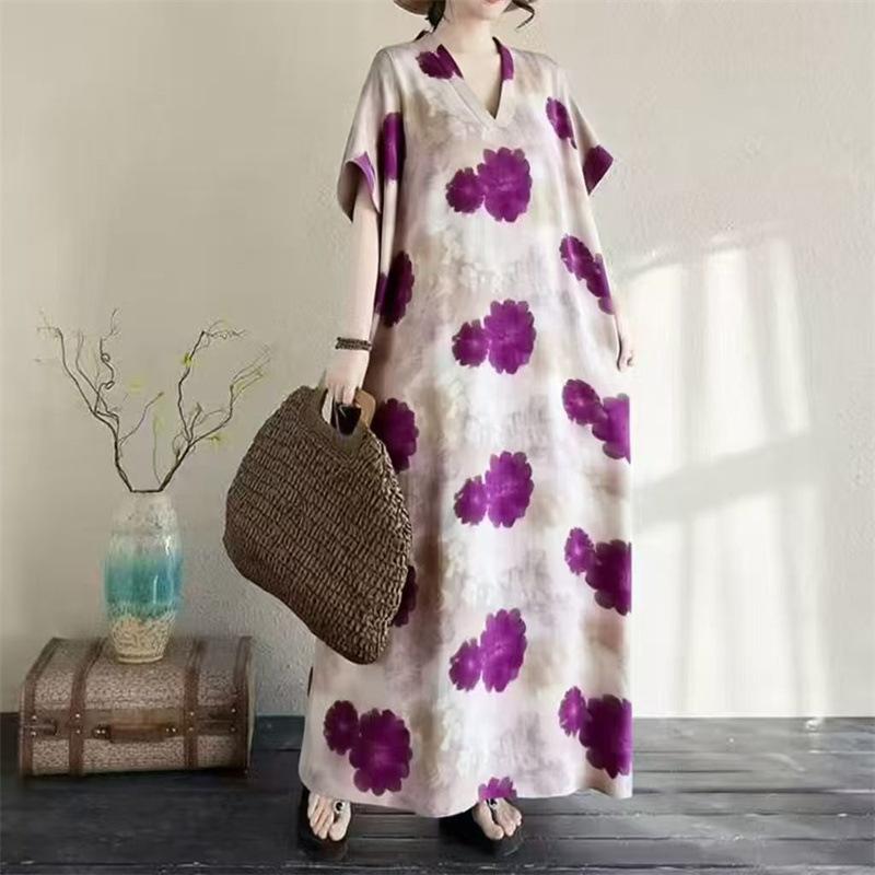 Cotton and linen printed round neck loose large size long sleeve fat MM plus fat plus size fake literary retro dress