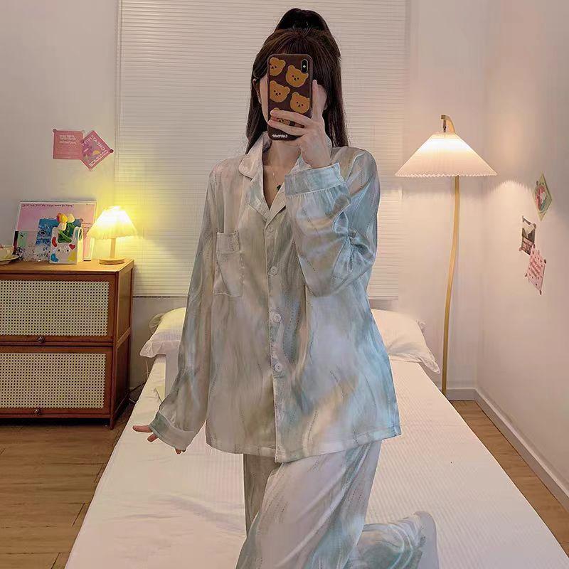 Pintura China a Tinta Estampada Ropa de Casa de Verano de Seda de Hielo Conjunto de Pijama de Manga Larga