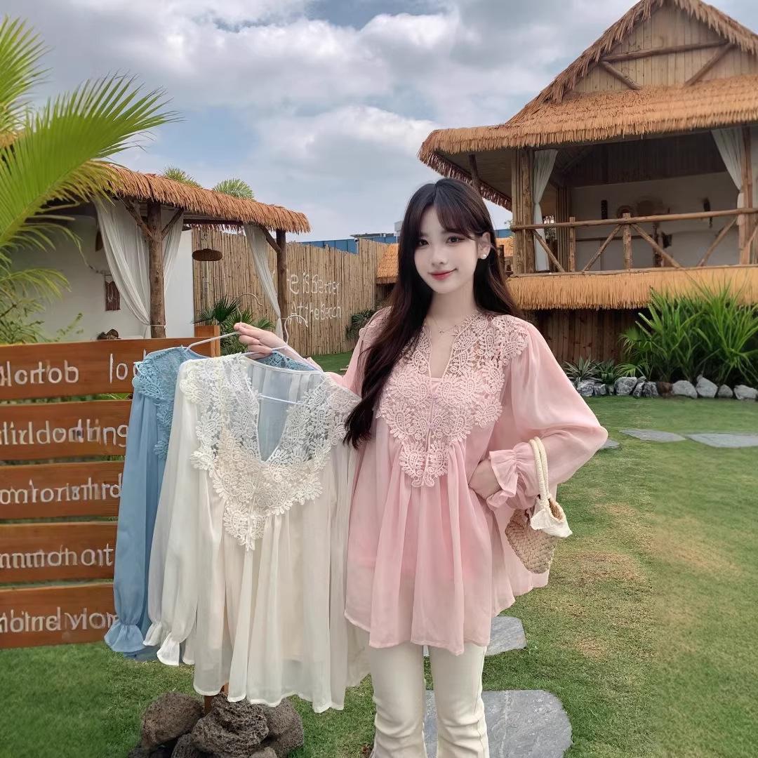 Chic 3D Crochet Lace Patchwork Chiffon Blouse & Camisole Set for Women 3X-Large