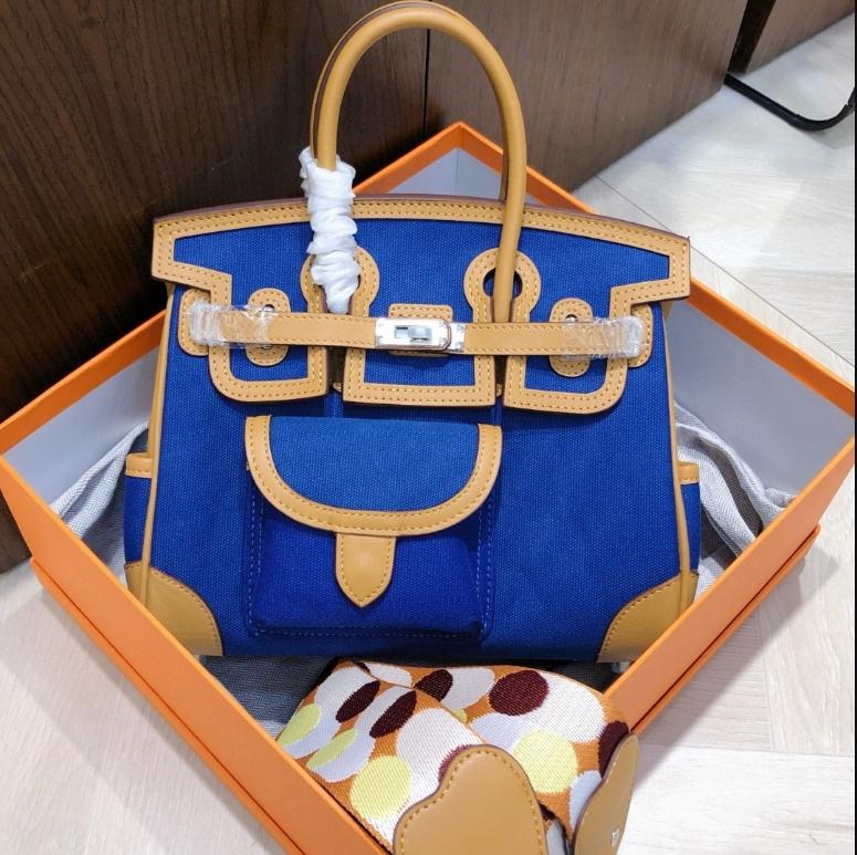 

Новая женская сумка из натуральной кожи с модной сумкой-вставкой из холста, вязаный плечевой ремень, ручная одноплечевая диагональная крестообразная женская сумка 25x14x19cm синий/коричневый