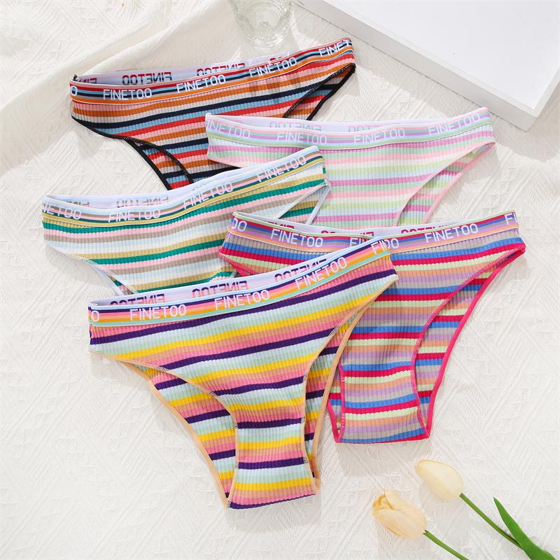 FINETOO 2 buc/set femei slip din bumbac cu talie joasă chiloți în dungi Lenjerie de corp pentru femeie Lenjerie sexy Chiloți cu picioare înalte S-XL