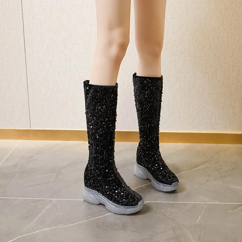 2025 New 8cm Fashion Sequin Knee High Boots Women Glitter Bling Shiny Trend High Heels Side Zip Platform Boots Goth Shoes