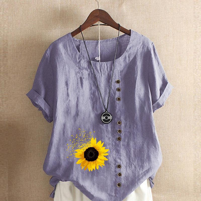 Damenmode Sonnenblumen-Print Kurzarm-T-Shirt Locker Baumwollhemd Lässig Locker Sommerbluse Tops Übergröße