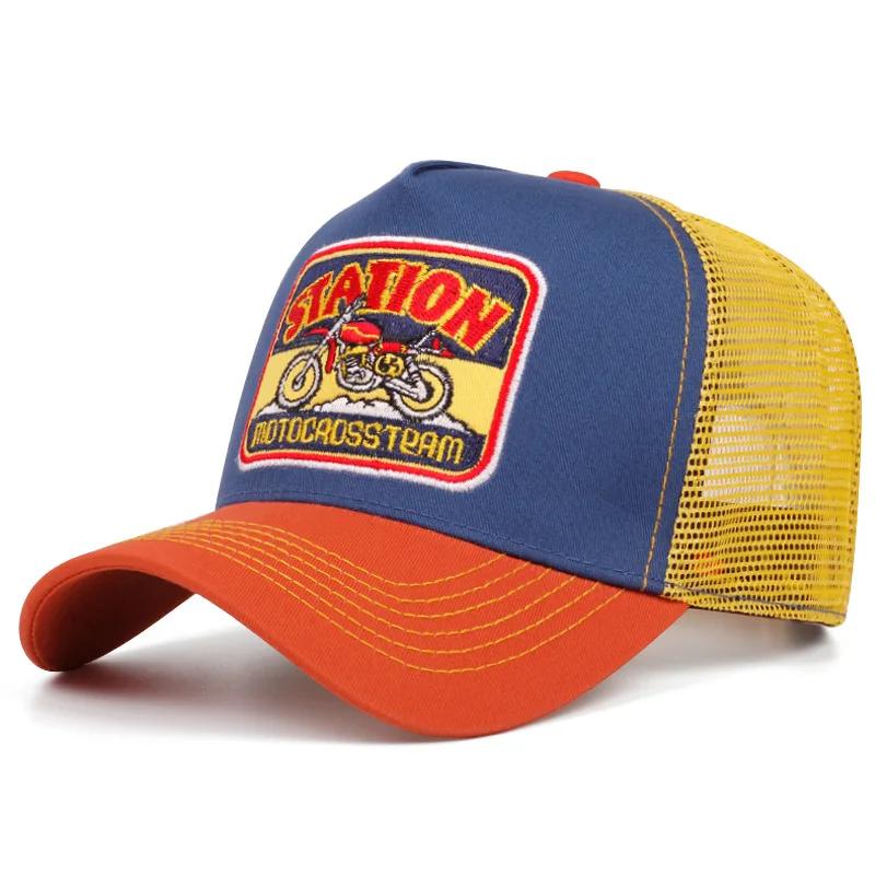 New American Retro Bullhead Motorcycle Trucker Cap Breathable Mesh Color Blocking Baseball Hat for Casual Sun Protection Outdoor