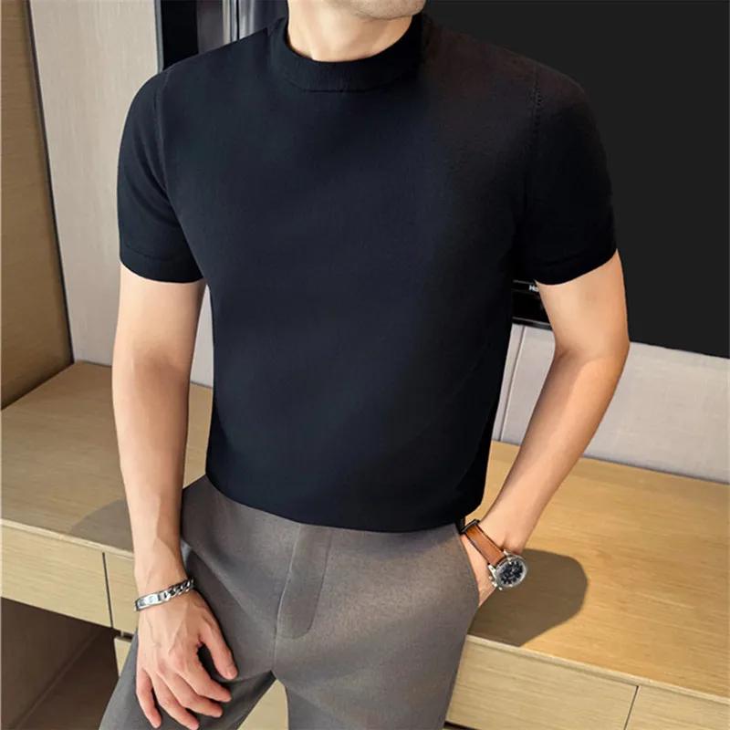 High Quality Solid Color Thick O-Neck Knitted T-Shirts Men Slim Fit Short Sleeve Knit Pullovers Korean Style Casual Tees Tops