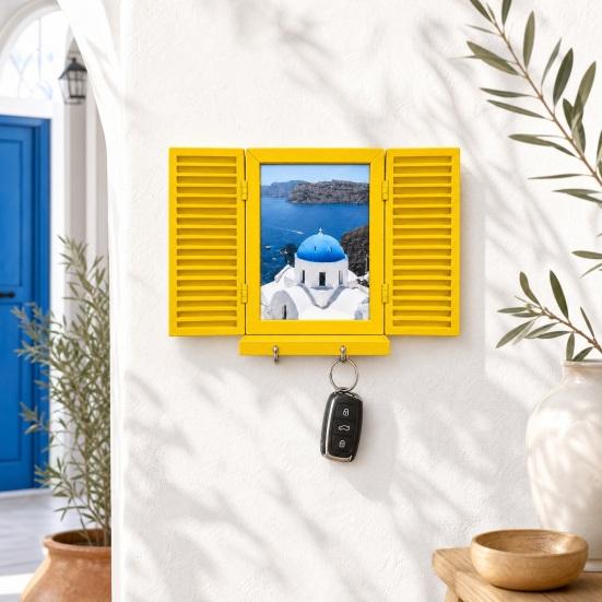 Key Holder with Hidden Storage Shelf, Mediterranean-Style Window Frame Photo Display Stand, Functional Entryway Organizer with Blinds Decor