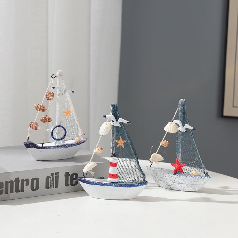 Holz Segelboot Ornamente,Muschel,Bootsruder,Anker,Leuchtturm,Seevogel Dekoration Boot,Wohnzimmer Kinderzimmer Dekoration Geschenk