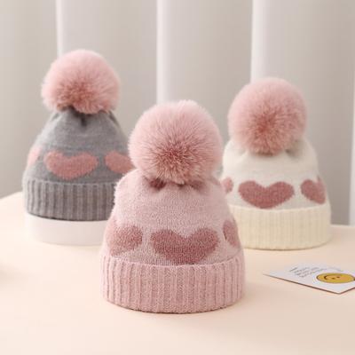 Vinter Babylue Dobbeltlags Tykk Jacquard Hjerte Strikket Lue 0-12 Måneder Nyfødt Ullue