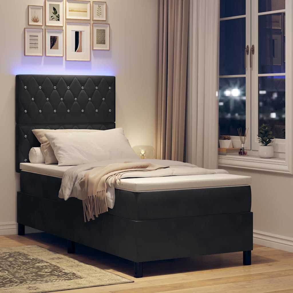 LED Box Spring Bed with Mattress Black 90 X 190 Cm Fabric