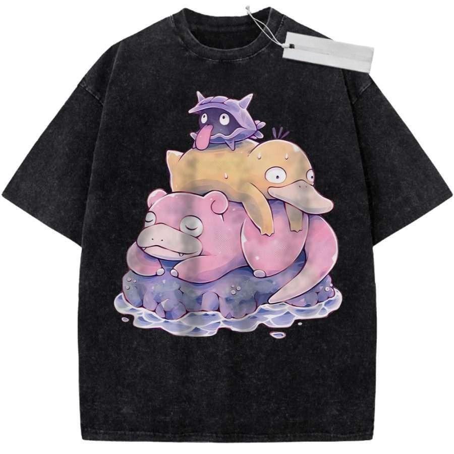 T Shirt Sports T Shirt Short Sleeve T Shirt Multi Color Unisex Pure Cotton Washed Retro Pokemon Snorlax Psyduck Porygon Print
