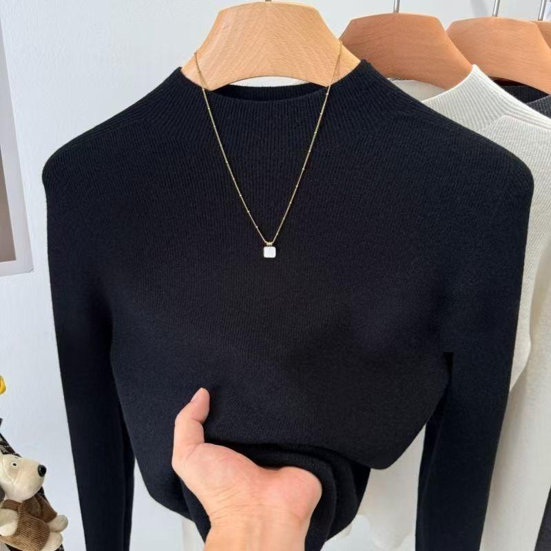 Women's Stand Collar Wool Sweater Autumn and Winter Solid Color Warm Stretch Knit Sweater Slim Fit Stretch Knit Pullover