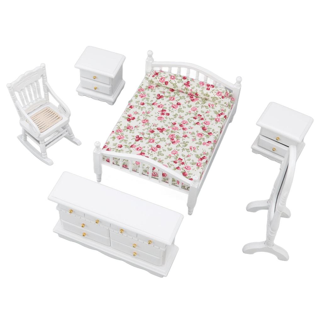 6pcs Set Dollhouse Bedroom Furniture 1:12 Scale Miniature Exquisite DIY Simulation Wooden Doll