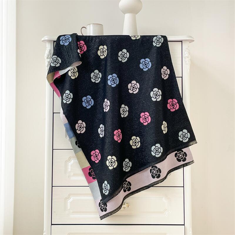 

New colorful camellia silver silk scarf color matching imitation cashmere scarf women s high-end letter shawl dual-purpose 180x65cm