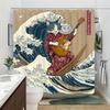 Einzigartiger Katzen-Gitarrenspieler-Druck Wasserdichter Duschvorhang für das Badezimmer, Japanisches Wellenmuster Hochwertiger Toiletten-Trennvorhang