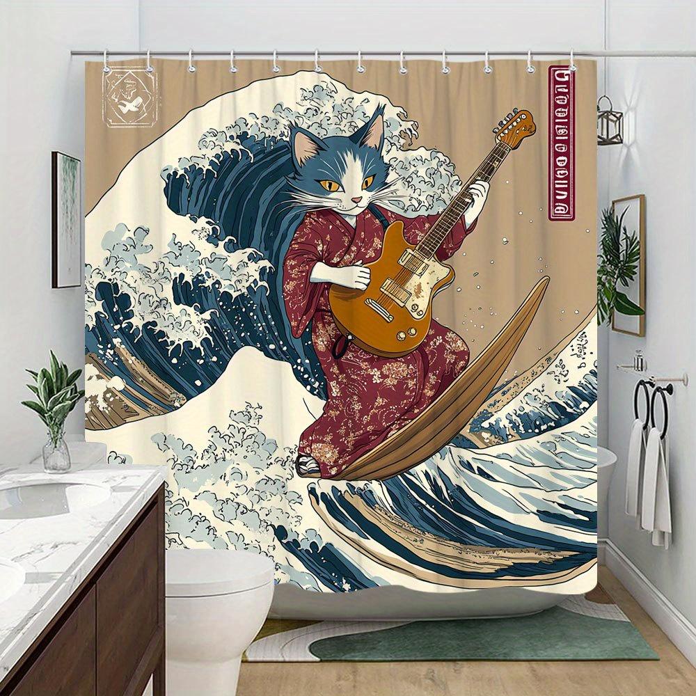 Einzigartiger Katzen-Gitarrenspieler-Druck Wasserdichter Duschvorhang für das Badezimmer, Japanisches Wellenmuster Hochwertiger Toiletten-Trennvorhang