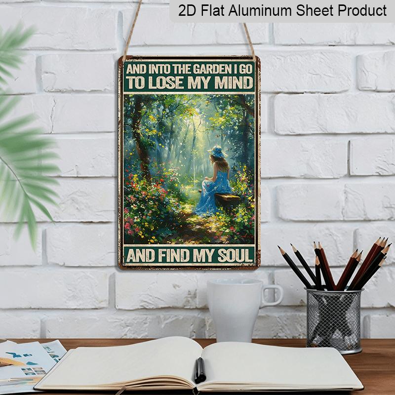 2D Flat, Vintage-Inspired Metal Wall Art - "Into The Garden I Go To Lose My Mind" Quote, 8x12 Inch, Rustic Forest Scene with Hanging Chair, Ideal for