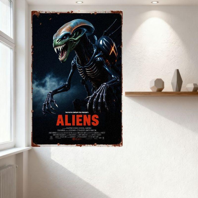 Aliens Xenomorph Vintage Movie Poster Metal Tin Sign - Retro Sci - Fi Horror Film Wall Decor for Man Cave Bar Cafe Home Decorati